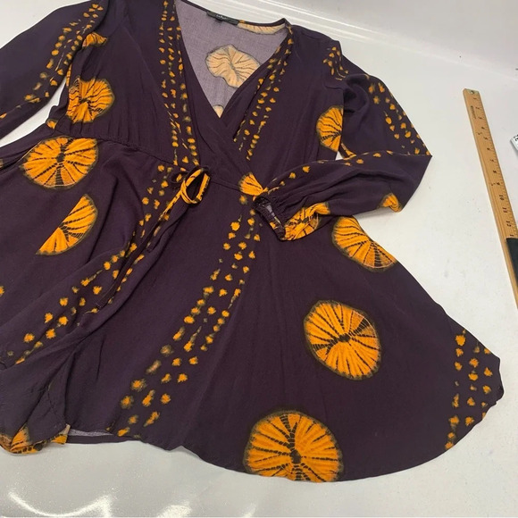 Lulus Long Sleeve Romper Small  Purple Orange Pockets Drawstring Surplice Travel - Picture 7 of 11